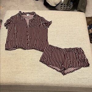 Striped Maroon & White Short Sleeve Pajama Set